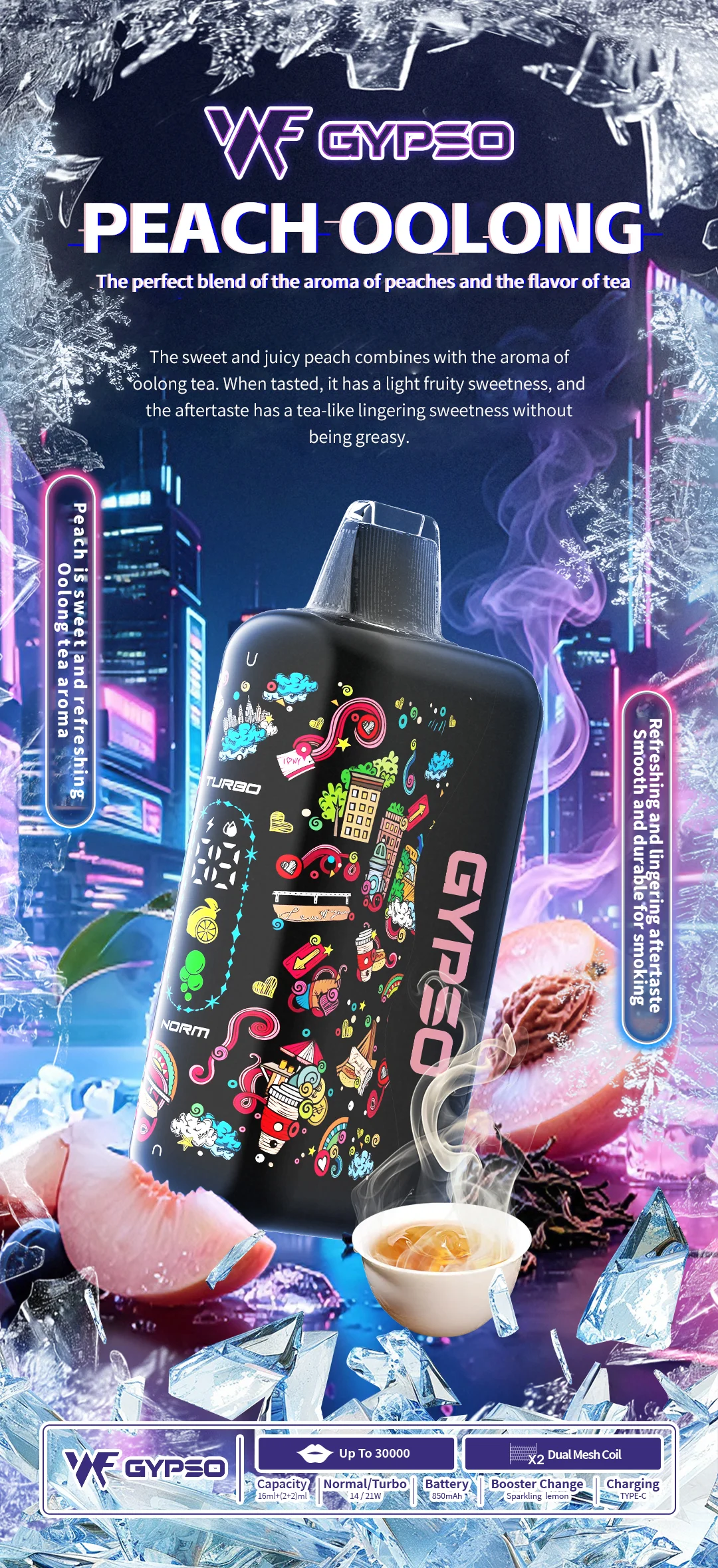 GYPSO 滿天星 30000口 拋棄式 18ml 澎湃油量 14W-21W雙模式雙功率 極速Type-C快充 850mAh巔峰續航拋棄式 全台現貨秒發 - 图片 7