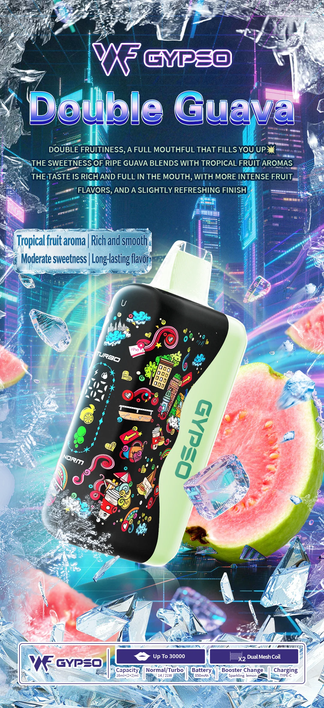 GYPSO 滿天星 30000口 拋棄式 18ml 澎湃油量 14W-21W雙模式雙功率 極速Type-C快充 850mAh巔峰續航拋棄式 全台現貨秒發 - 图片 6