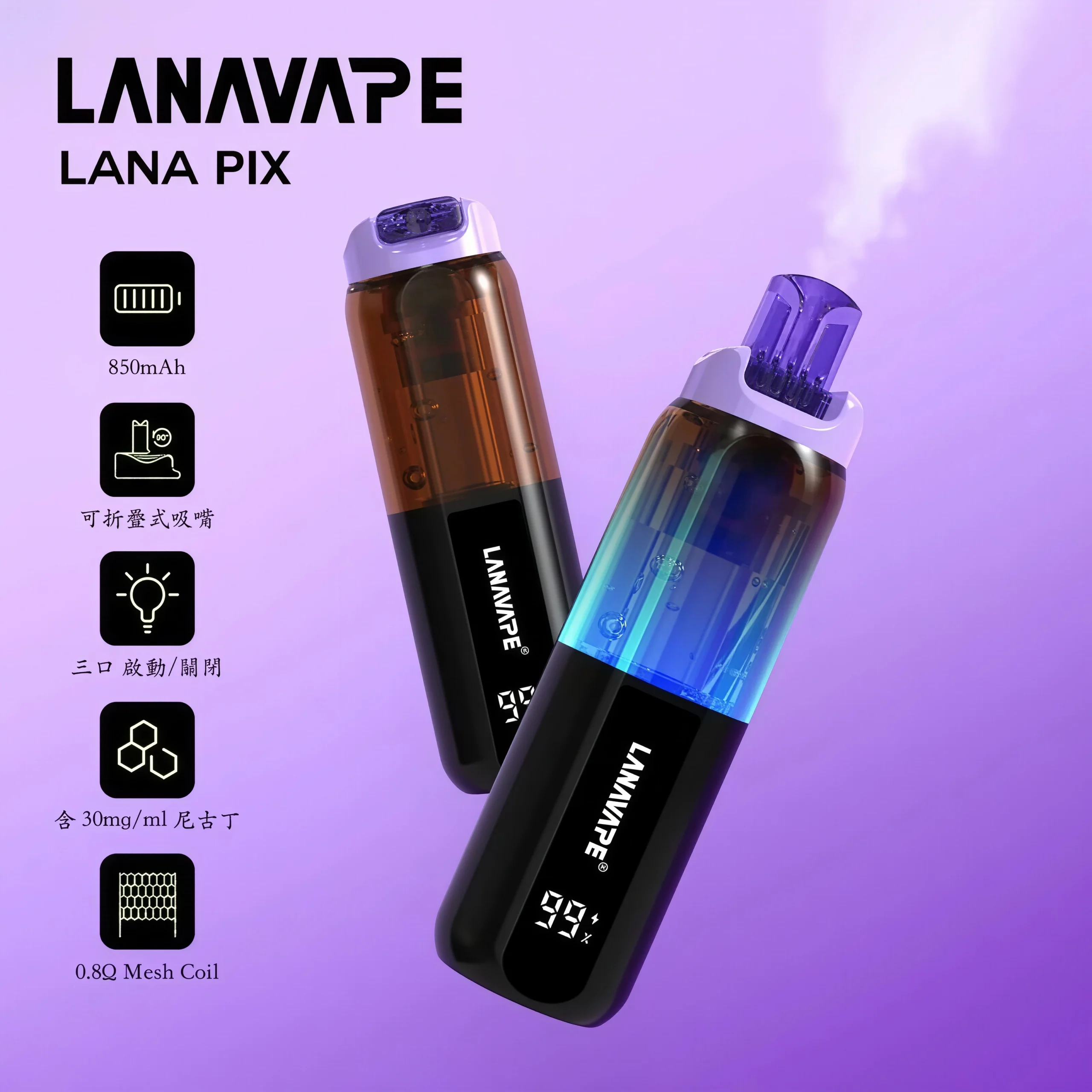 LANA PIX 閃光彈 20000口 拋棄式 15ml 澎湃油量 3%尼古丁鹽黃金配比 極速Type-C快充 850mAh巔峰續航拋棄式 全台現貨秒發 - 图片 5