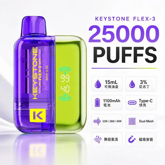 【買一盒煙彈送主機】KEYSTONE FLEX-3 鑰石 25000口 拋棄式 15ml 透明可視油艙 22W/28W/40W三段功率調節 極速Type-C快充 1100mAh巔峰續航拋棄式 全台現貨秒發 - 图片 2